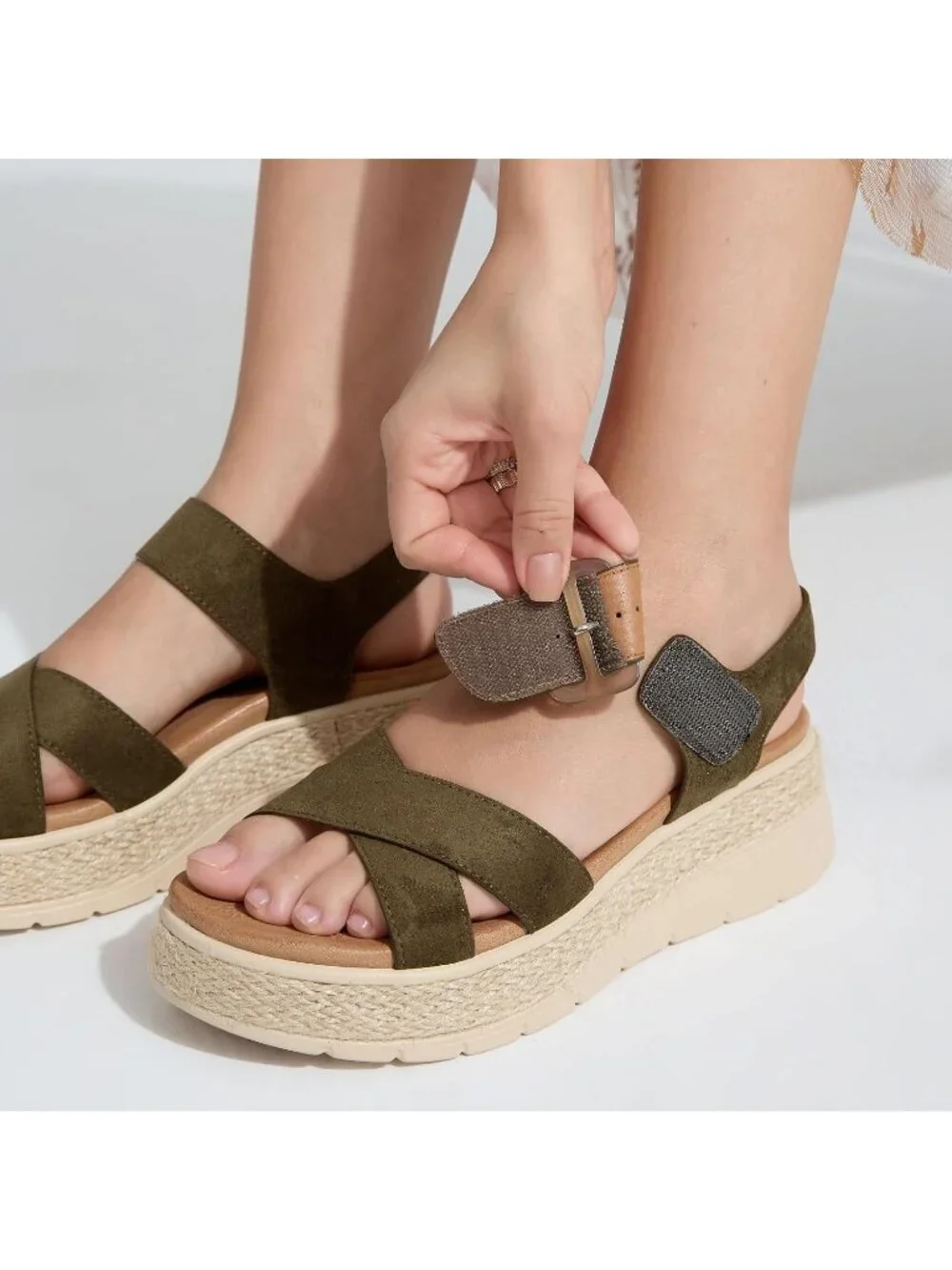 Womens Green Comfortable Solid Espadrille Low Wedge Heel Platform Sandal Shoes